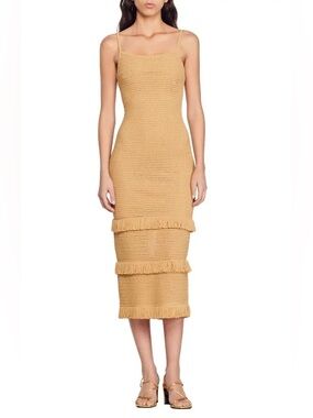 SANDRO Anvers Pointelle Knit Dress in Camel